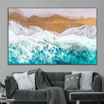 26870666-MGV-CV-36X24-Aerial Beach Wall Art Canvas Print, Framed Ocean Waves Art Picture Print, Coastal Landscape Perfect Coastal Minimalist Decor