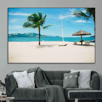 42623350-MGV-CV-36X24-Tropical Beach Wall Art Canvas Print, Framed Palm Tree Art Picture Print, Ocean View Perfect Tropical Coastal Decor Artwork