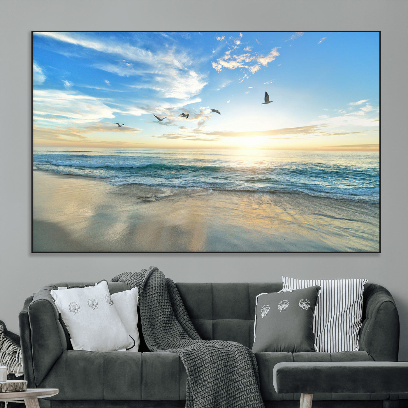 20708696-MGV-CV-36X24-Minimalist Seaside Wall Art Canvas Print, Framed Morning Glow Art Picture Print, Golden Reflections Perfect Coastal Minimalist