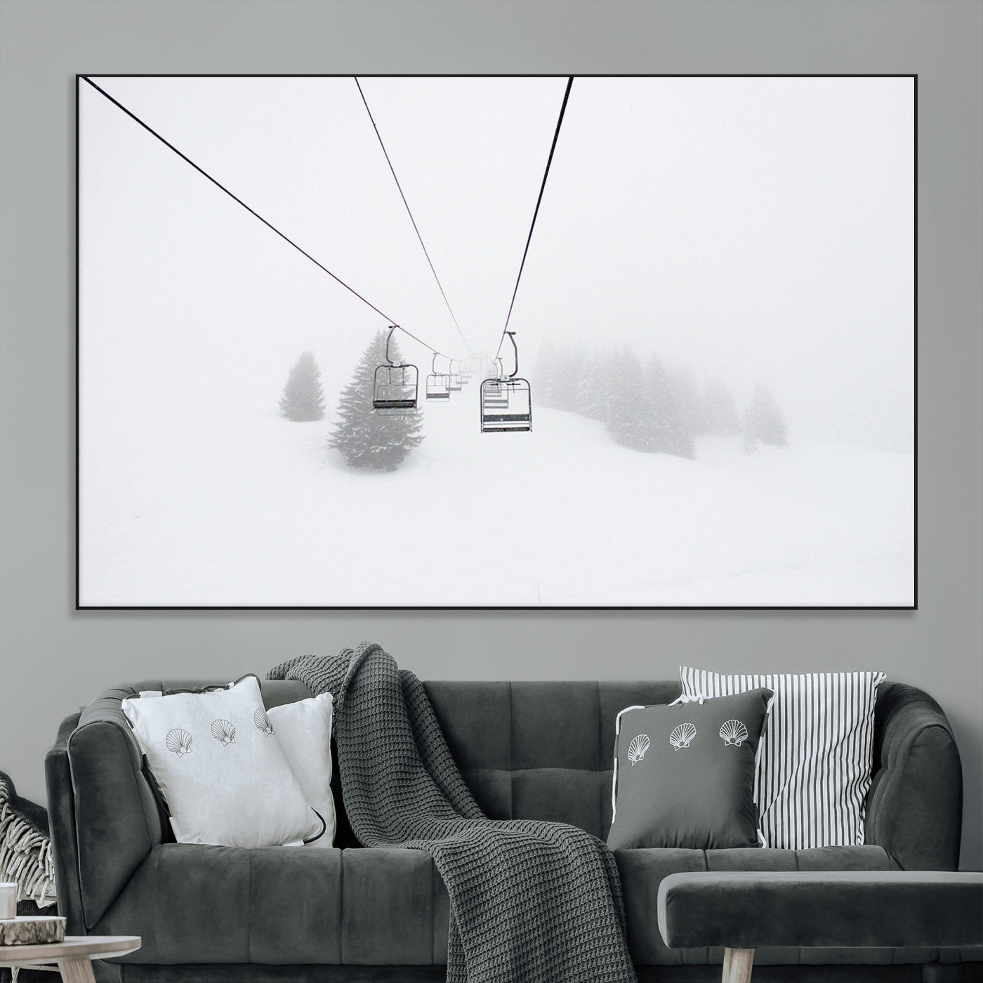 20216390-MGV-CV-36X24-Ski Lift Wall Art Canvas Print, Framed Snowy Landscape Art Picture Print, Alpine Adventure Perfect Nordic Minimalist Decor Artwork