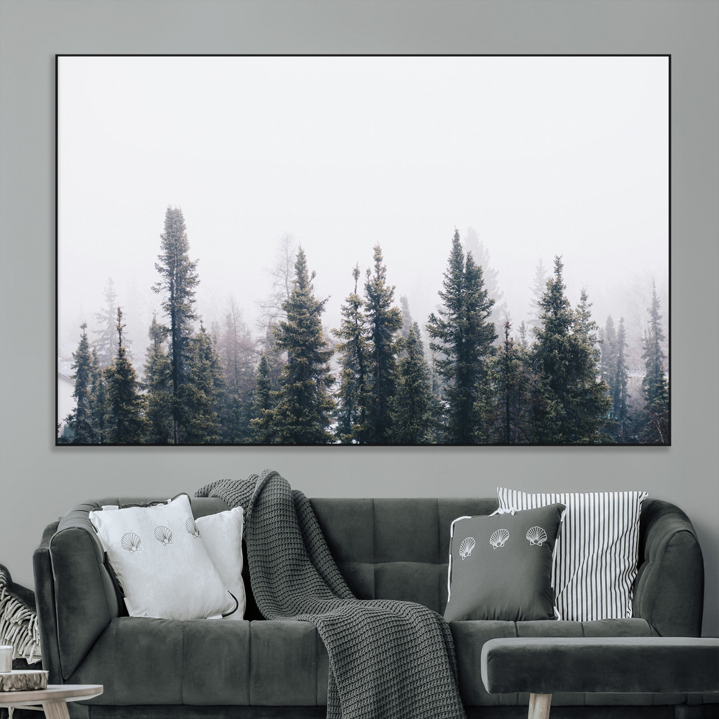42364796-MGV-CV-36X24-Foggy Forest Wall Art Canvas Print, Framed Misty Pines Art Picture Print, Moody Woodland Perfect Scandinavian Minimalist Decor