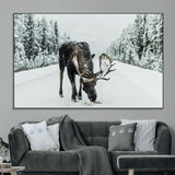 13316292-MGV-CV-36X24-Moose in Snow Wall Art Canvas Print, Framed Winter Wildlife Art Picture Print, Snowy Forest Scene Perfect Rustic Lodge Decor