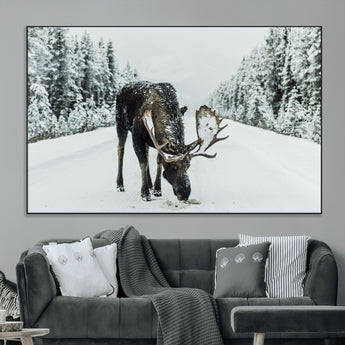 13316292-MGV-CV-36X24-Moose in Snow Wall Art Canvas Print, Framed Winter Wildlife Art Picture Print, Snowy Forest Scene Perfect Rustic Lodge Decor