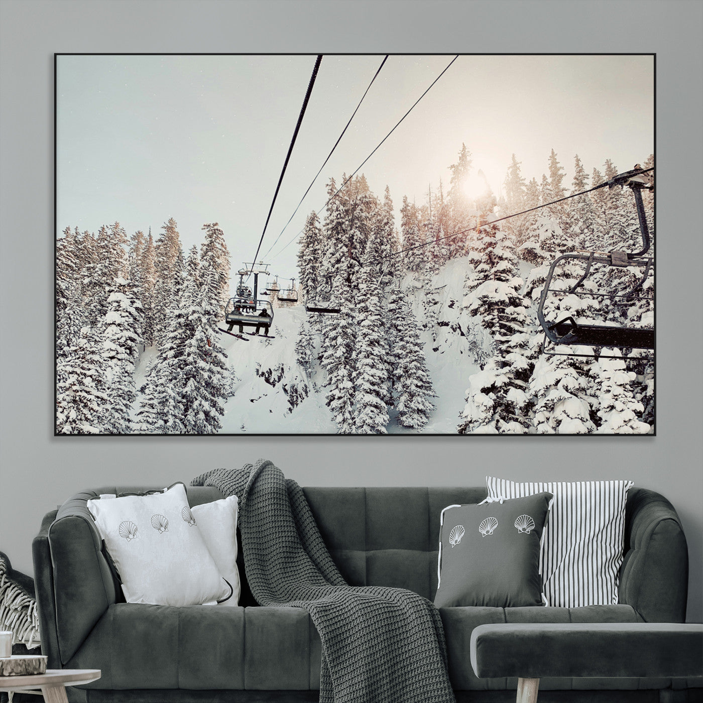 91534512-MGV-CV-36X24-Frosty Pines Wall Art Canvas Print, Framed Cozy Cabin View Art Picture Print, Ski Lift Ride Perfect Rustic Lodge Decor Artwork