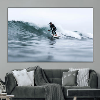 11693607-MGV-CV-36X24-Surfer on Wave Wall Art Canvas Print, Framed Ocean Adventure Art Picture Print, Motion Blur Water Perfect Coastal Adventure Decor