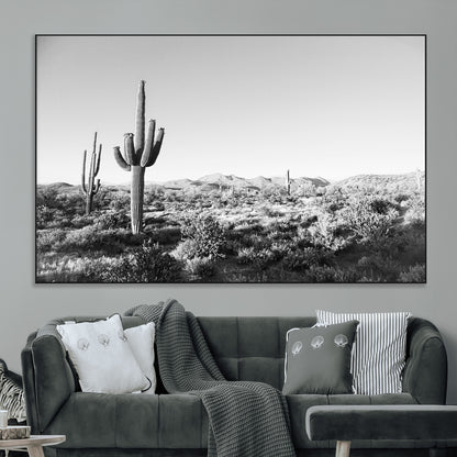 85205054-MGV-CV-36X24-Saguaro Cactus Wall Art Canvas Print, Framed Monochrome Landscape Art Picture Print, Scenic Arizona View Perfect Minimalist