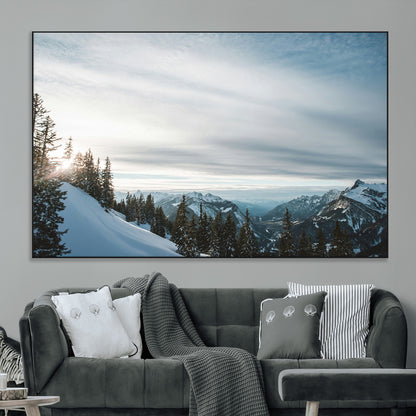 55564749-MGV-CV-36X24-Snowy Mountains Wall Art Canvas Print, Framed Alpine Landscape Art Picture Print, Frosty Peaks Perfect Nordic Minimalist Decor