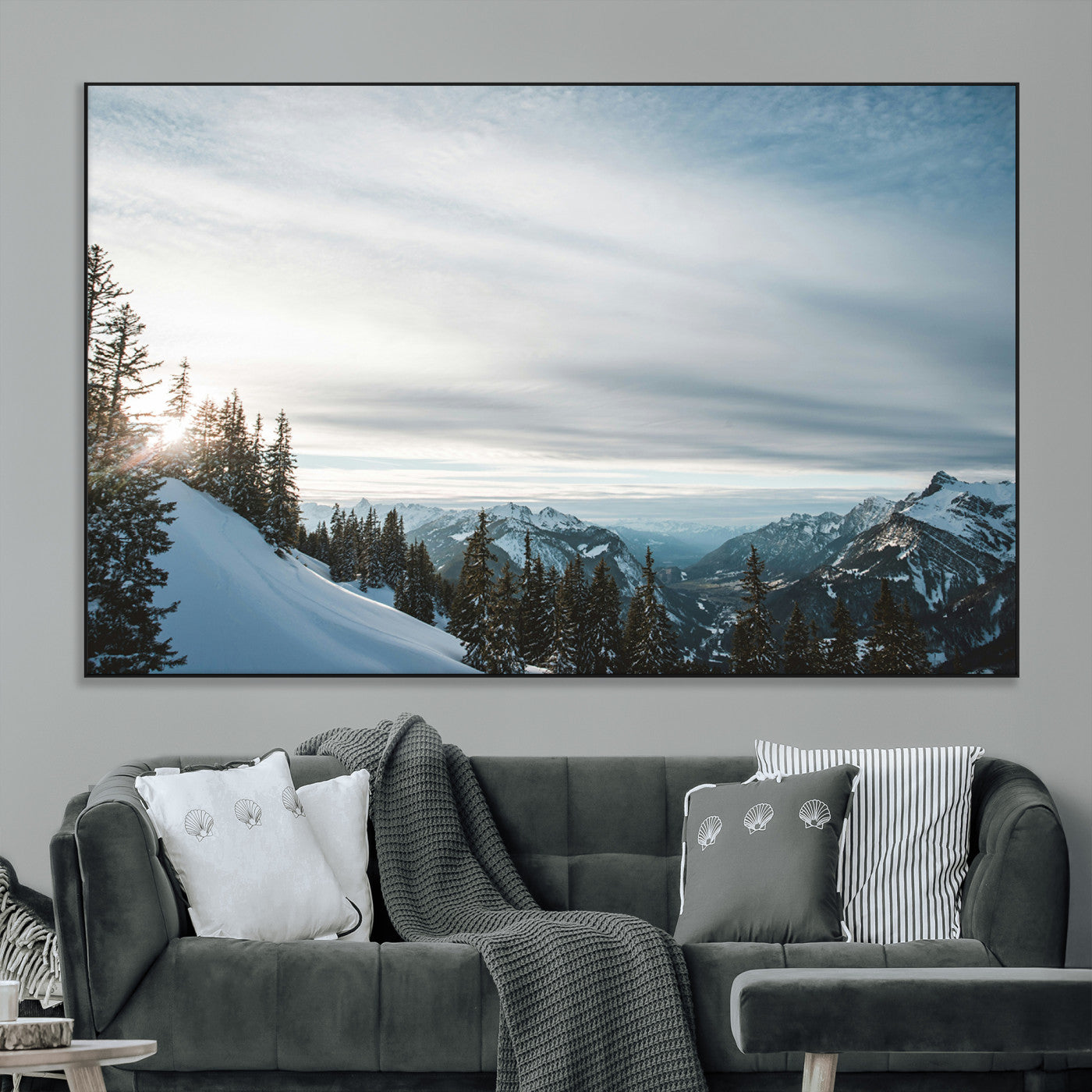 55564749-MGV-CV-36X24-Snowy Mountains Wall Art Canvas Print, Framed Alpine Landscape Art Picture Print, Frosty Peaks Perfect Nordic Minimalist Decor