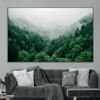 45265379-MGV-CV-36X24-Misty Forest Wall Art – Green Mountain Pine Tree Landscape Canvas Print, Nature Photography Artwork Home Decor for Bedroom, Living