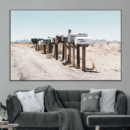 54616109-MGV-CV-36X24-Desert Mailboxes Wall Art – Rustic Rural Roadside Photography Canvas Print, American Southwest Landscape Home Decor for Living