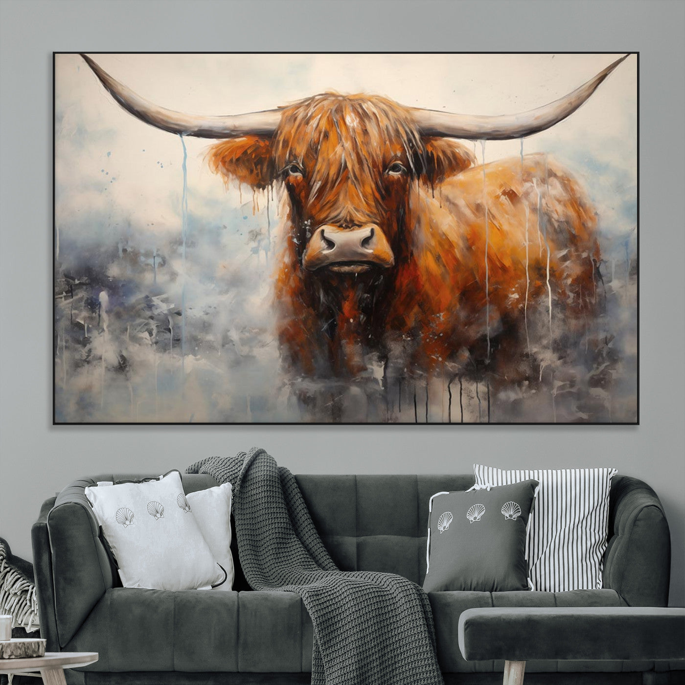 X61001-MGV-CV-36X24-Scottish Highland Wall Art Canvas Print, Framed Longhorn Art Picture Print, Western Cow Perfect Farmhouse Decor Artwork