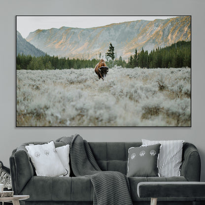 41674074-MGV-CV-36X24-Bison Wall Art – American Buffalo Wildlife Photography Canvas Print, Western Mountain Landscape Artwork Rustic Nature Decor for