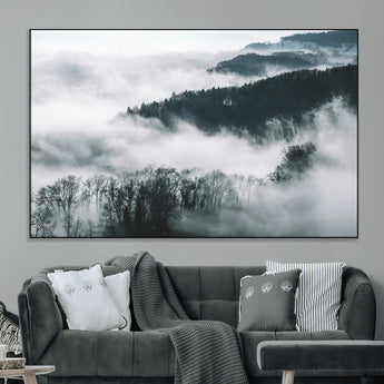 67569654-MGV-CV-36X24-Foggy Forest Wall Art – Mist Covered Hills and Trees Landscape Canvas Print, Moody Nature Photography Decor for Living Room,