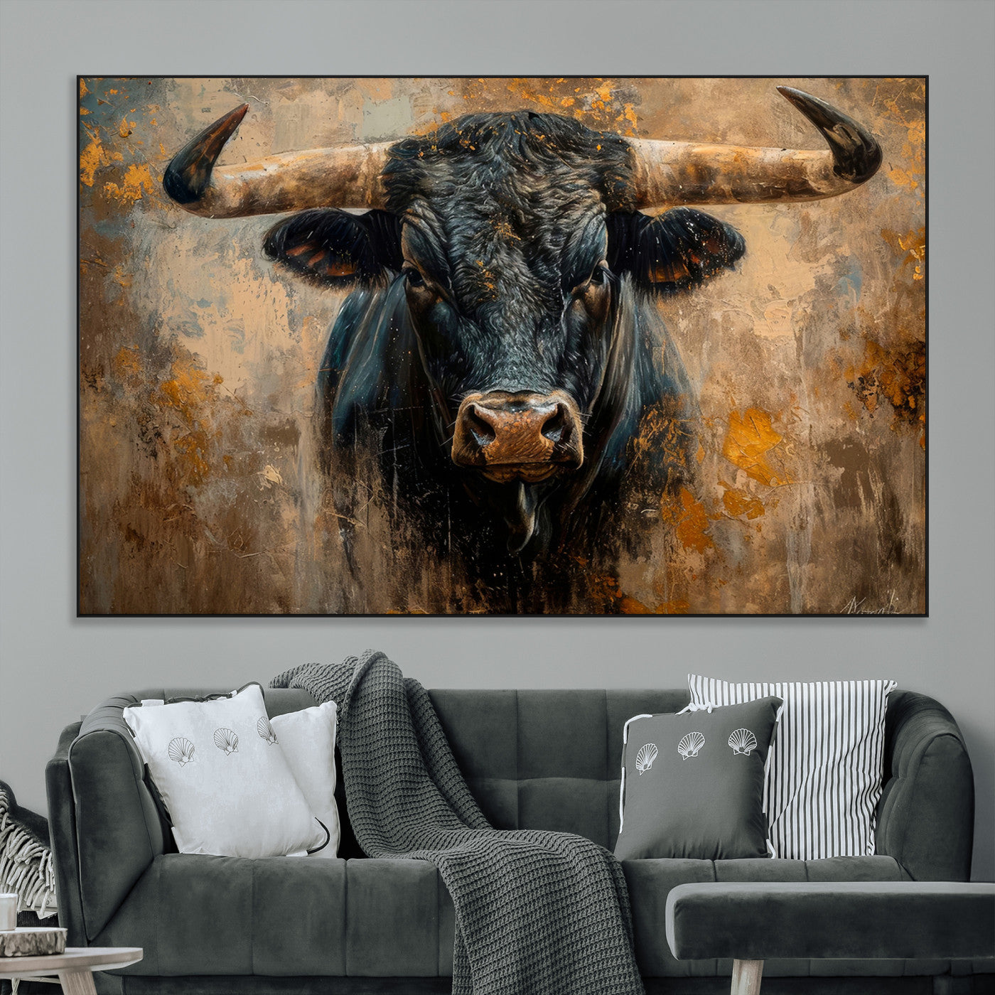 91615410-MGV-CV-36X24-Bull Wall Art – Rustic Western Longhorn Canvas Print, Powerful Abstract Animal Painting, Farmhouse Ranch Decor for Living Room,
