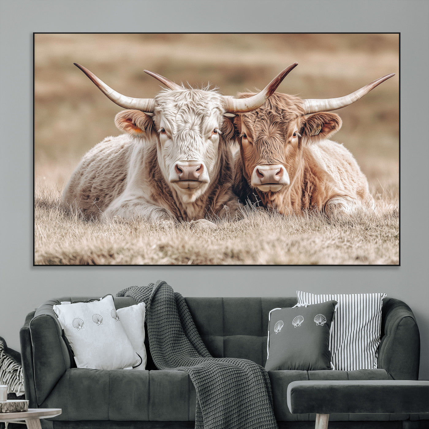 38651722-MGV-CV-36X24-Cow Wall Art – Rustic Longhorn Pair Canvas Print, Western Farmhouse Animal Painting, Country Ranch Decor for Living Room, Bedroom,