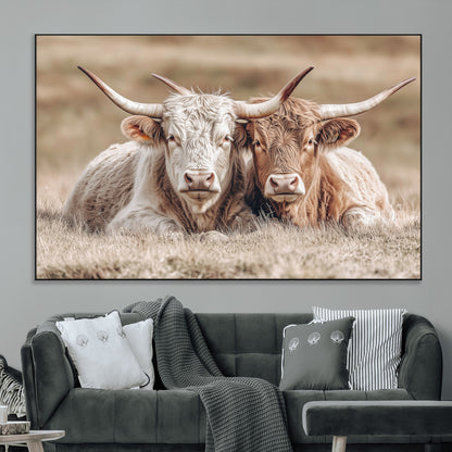 38651722-MGV-CV-36X24-Cow Wall Art – Rustic Longhorn Pair Canvas Print, Western Farmhouse Animal Painting, Country Ranch Decor for Living Room, Bedroom,