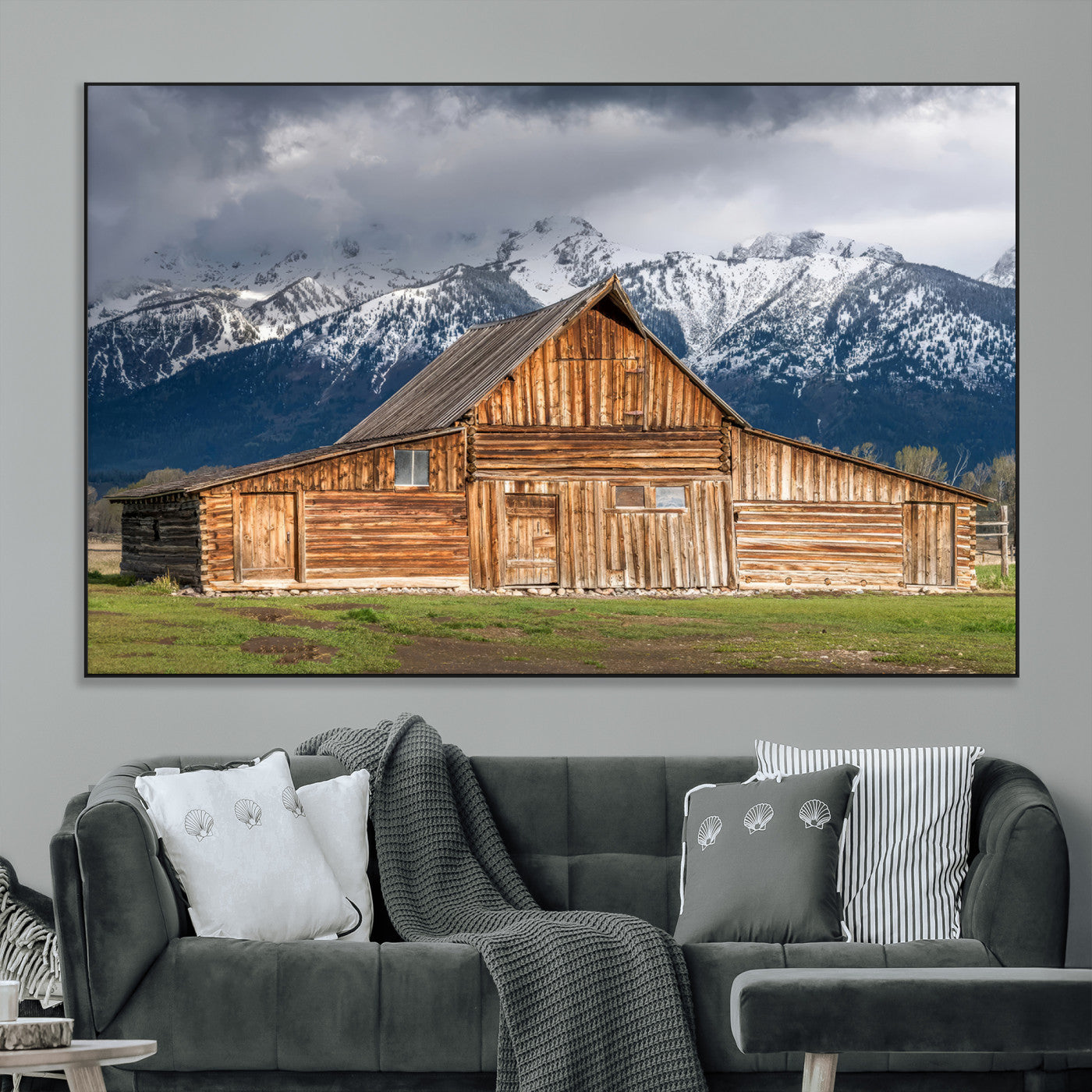 15173627-MGV-CV-36X24-Barn Wall Art – Rustic Wooden Cabin Canvas Print with Snowy Mountain Landscape, Western Farmhouse Country Decor for Living Room,