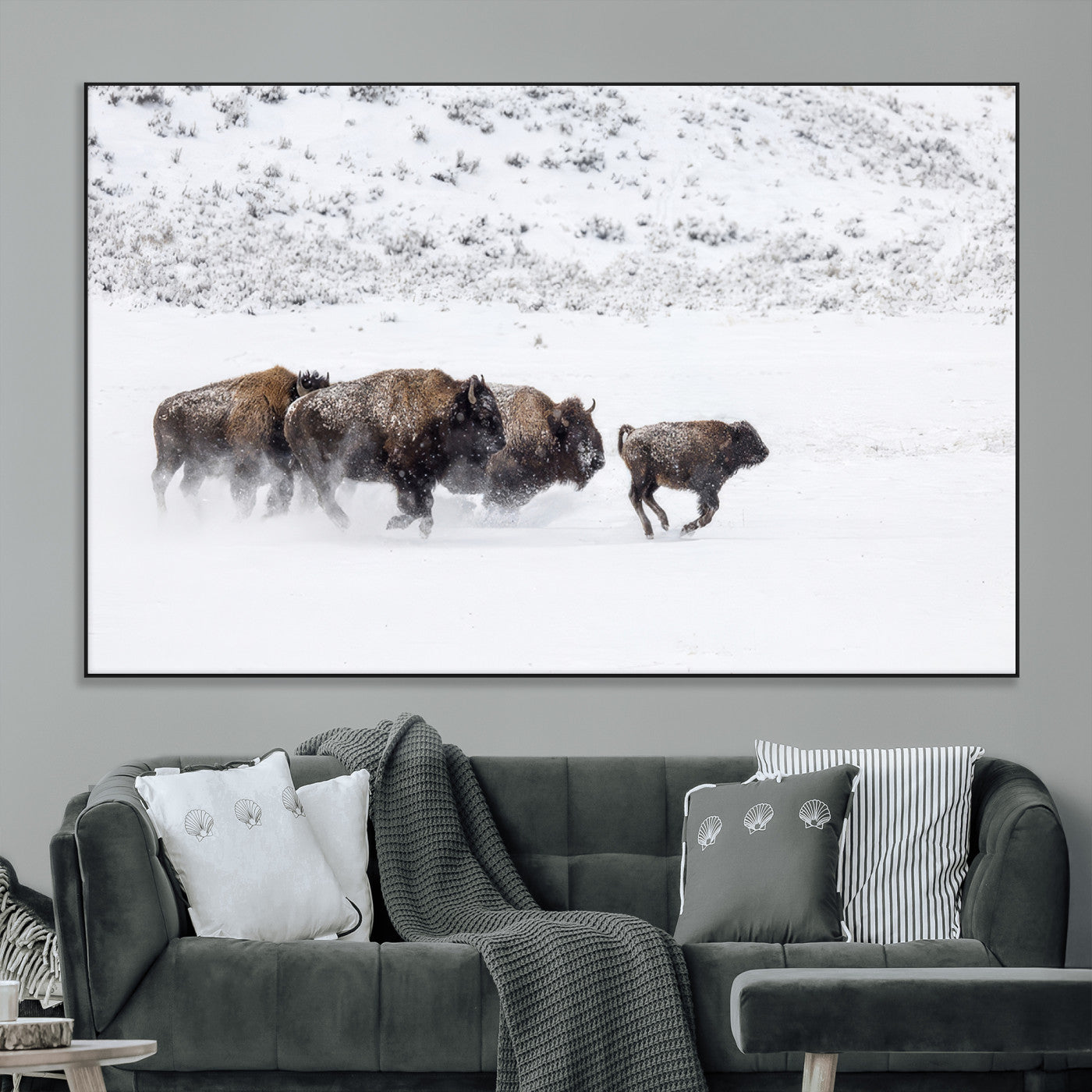 61161423-MGV-CV-36X24-Running Bison Herd Wall Art – Winter Buffalo Canvas Print, Wildlife Photography Decor for Rustic Living Room, Farmhouse, Lodge,