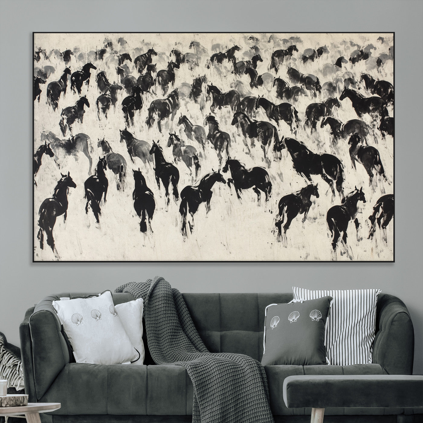 29265745-MGV-CV-36X24-Wild Horse Herd Wall Art – Black and White Galloping Horses Canvas Print, Rustic Western Farmhouse Décor for Living Room, Bedroom,
