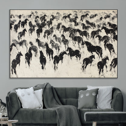29265745-MGV-CV-36X24-Wild Horse Herd Wall Art – Black and White Galloping Horses Canvas Print, Rustic Western Farmhouse Décor for Living Room, Bedroom,