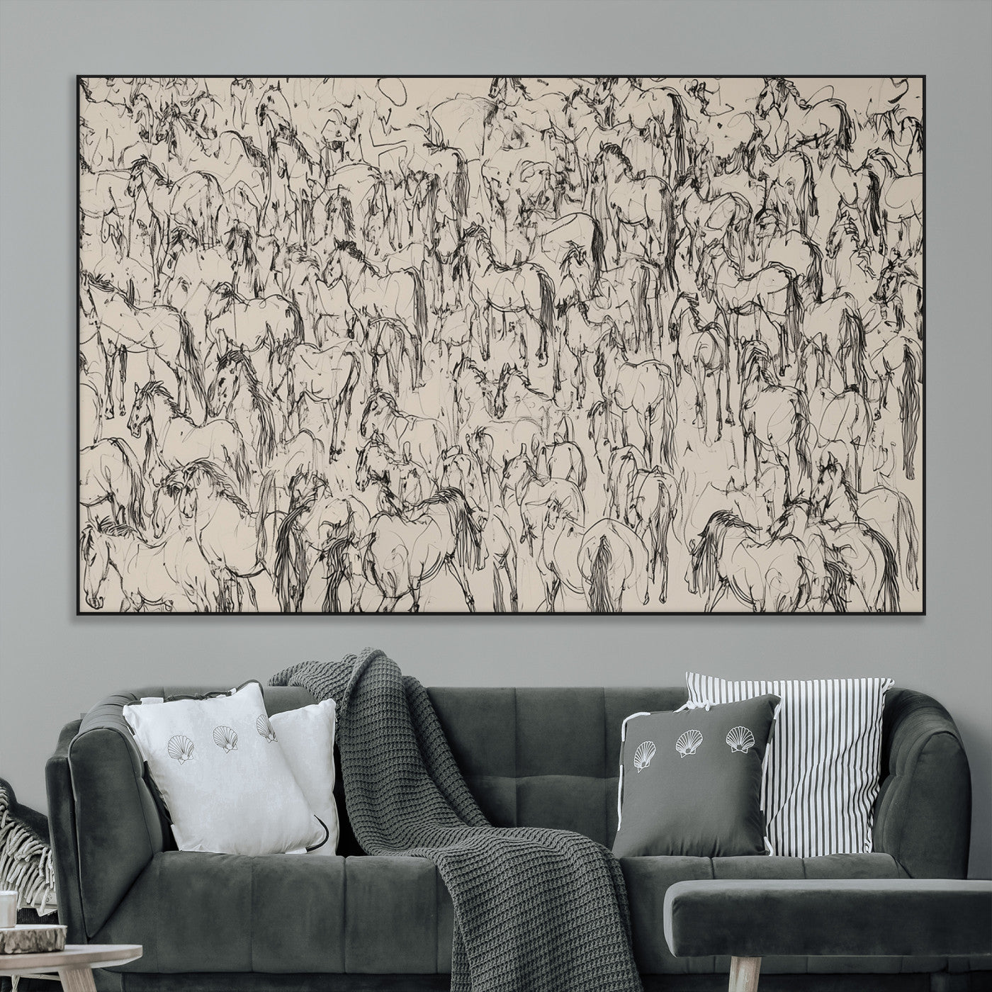 12358908-MGV-CV-36X24-Horse Herd Sketch Wall Art – Abstract Wild Horses Line Drawing Canvas Print, Rustic Western Style Equestrian Decor for Living