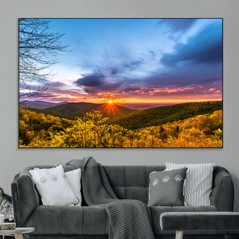 25786346-MGV-CV-36X24-Sunset Over Mountains Wall Art – Nature Landscape Canvas Print, Golden Hour Forest Photography, Scenic Sunrise Artwork for Living