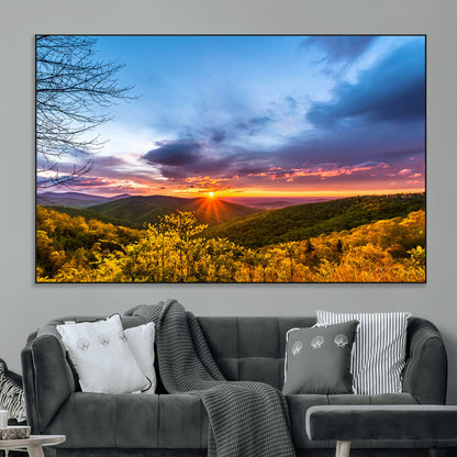 25786346-MGV-CV-36X24-Sunset Over Mountains Wall Art – Nature Landscape Canvas Print, Golden Hour Forest Photography, Scenic Sunrise Artwork for Living