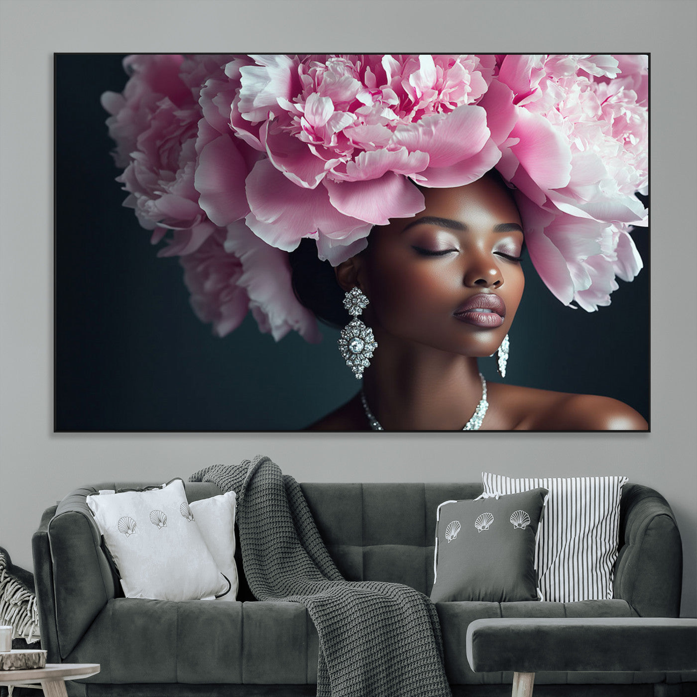 35482880-MGV-CV-36X24-Floral Portrait Wall Art – Elegant Woman with Pink Peony Headpiece Canvas Print, Luxury Fashion Inspired Artwork, Modern Glam