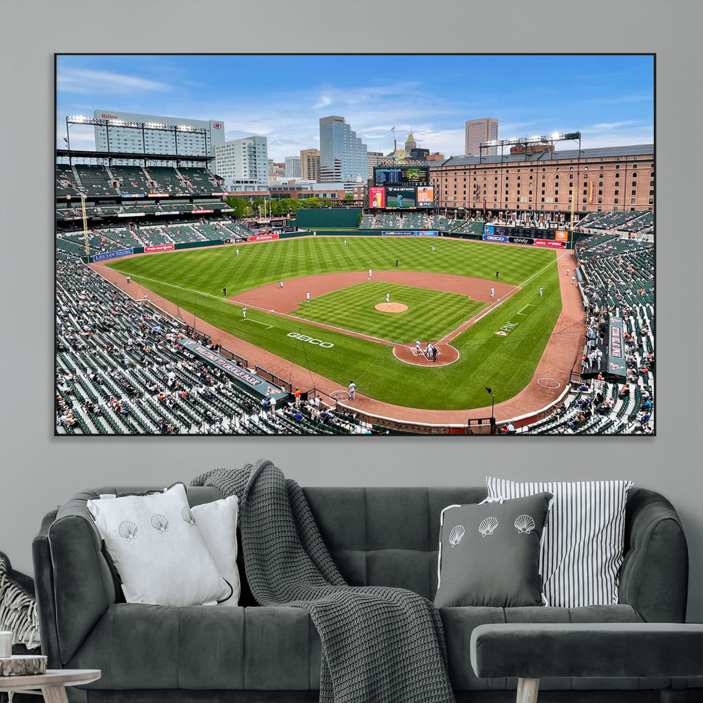 76426407-MGV-CV-36X24-Baseball Stadium Daytime – Panoramic Ballpark Canvas Wall Art, Sports Decor for Office, Man Cave, Game Room, Sports Bar, Baseball