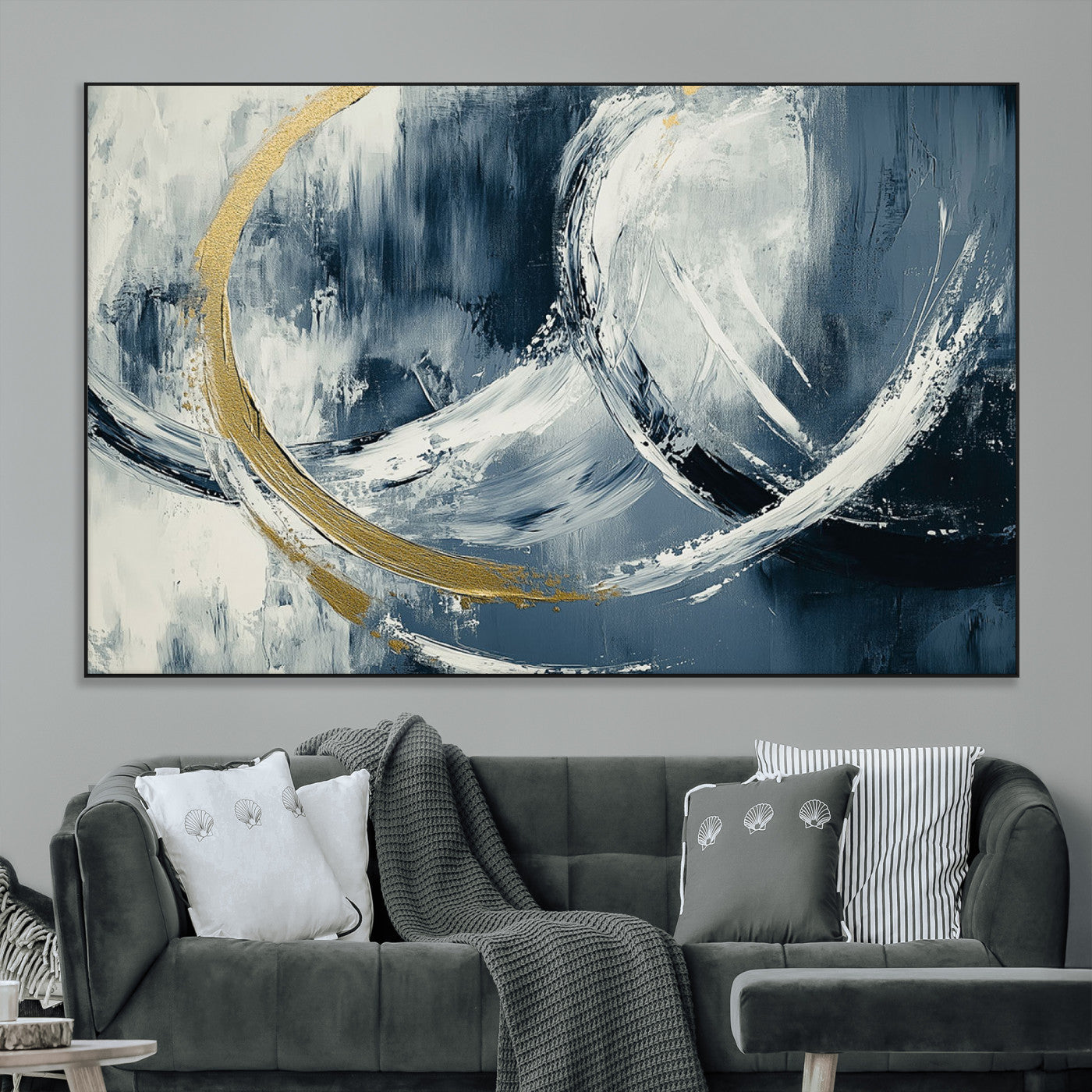 97295757-MGV-CV-36X24-Abstract Blue and Gold Wall Art – Modern Luxury Canvas Print, Navy White Brushstroke Painting, Contemporary Living Room Office