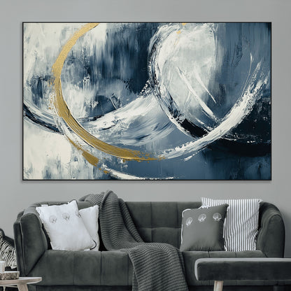 97295757-MGV-CV-36X24-Abstract Blue and Gold Wall Art – Modern Luxury Canvas Print, Navy White Brushstroke Painting, Contemporary Living Room Office