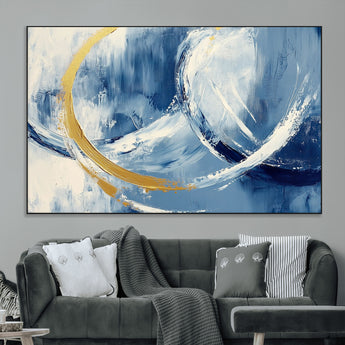 42475677-MGV-CV-36X24-Blue and Gold Abstract Wall Art – Modern Luxury Canvas Print, Navy White Brushstroke Painting, Contemporary Home Office Living