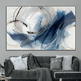 49589477-MGV-CV-36X24-Blue Abstract Wall Art – Modern Circle Canvas Print with Gold and Black Accents, Contemporary Fluid Brushstroke Painting for