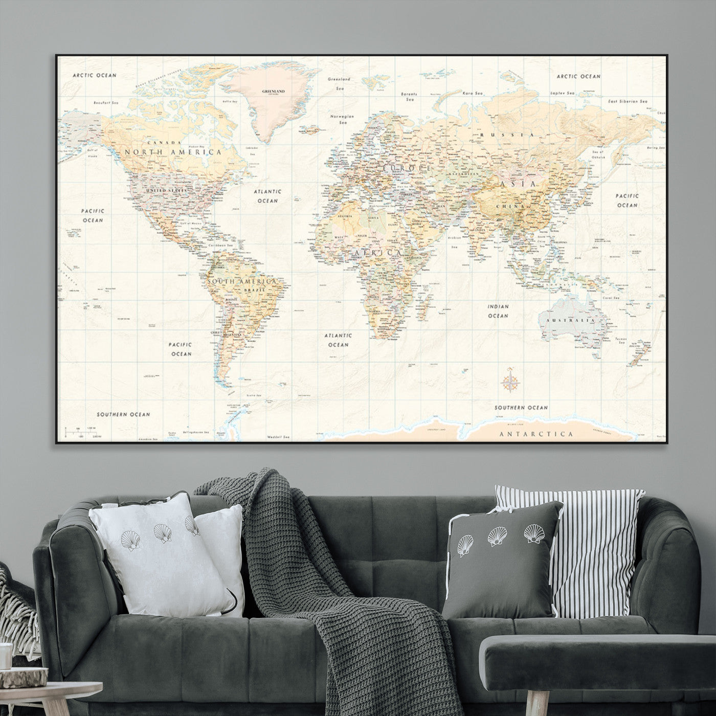 40660043-MGV-CV-36X24-World Map Wall Art – Large Detailed Atlas Style Map Print with Countries, Cities, and Oceans, Neutral Beige and Tan Educational