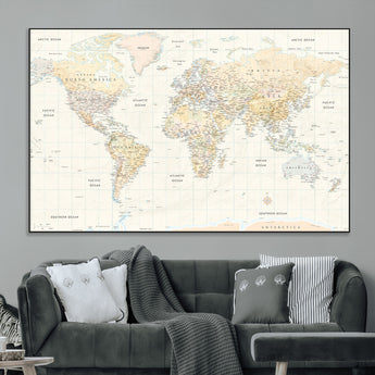 40660043-MGV-CV-36X24-World Map Wall Art – Large Detailed Atlas Style Map Print with Countries, Cities, and Oceans, Neutral Beige and Tan Educational