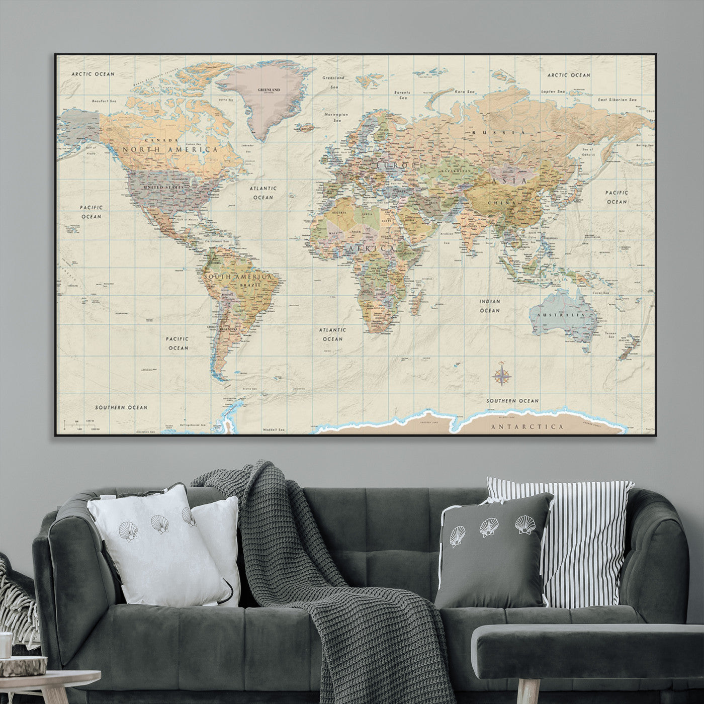 41929777-MGV-CV-36X24-World Map Wall Art – Large Detailed Political Atlas Style Map Print with Countries, Cities, and Oceans, Warm Earth Tone