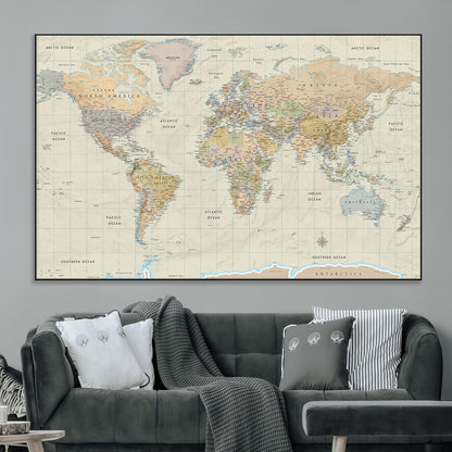 41929777-MGV-CV-36X24-World Map Wall Art – Large Detailed Political Atlas Style Map Print with Countries, Cities, and Oceans, Warm Earth Tone