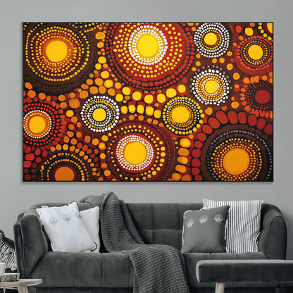 81120549-MGV-CV-36X24-Abstract Dot Painting Wall Art – Vibrant Tribal Boho Style Canvas Print with Sunburst Mandala Circles in Warm Red, Yellow, Orange