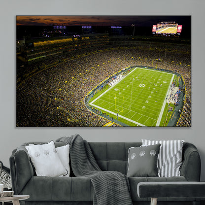 23655234-MGV-CV-36X24-Lambeau Field Stadium Wall Art – American Football Night Game Canvas Print with Packed Crowd and Lights – Sports Decor for Man