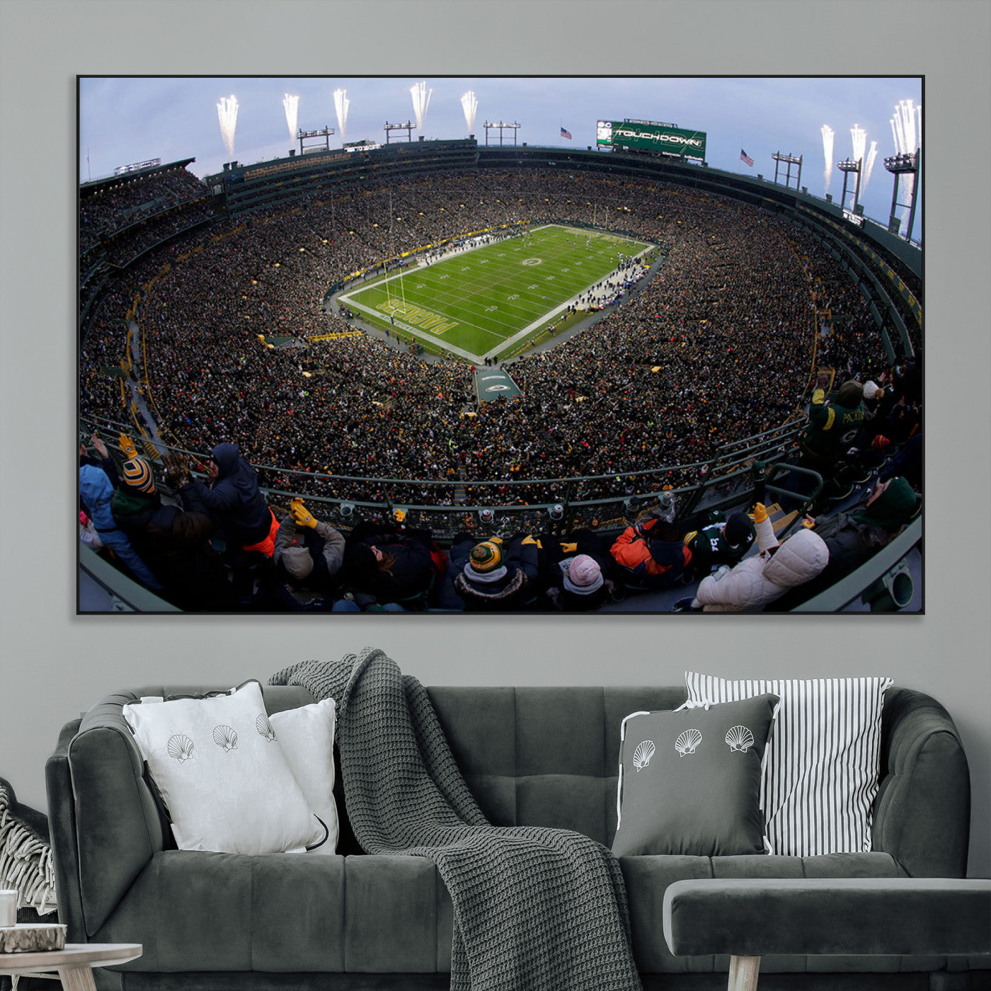 14387817-MGV-CV-36X24-Lambeau Field Stadium Wall Art – Green Bay Packers Game Day Canvas Print with Fireworks and Crowd – NFL Football Fan Man Cave