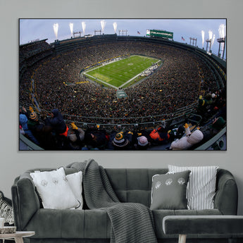 14387817-MGV-CV-36X24-Lambeau Field Stadium Wall Art – Green Bay Packers Game Day Canvas Print with Fireworks and Crowd – NFL Football Fan Man Cave