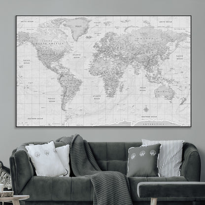 10516725-MGV-CV-36X24-Black and White World Map Wall Art – Minimalist Grayscale Canvas Print – Modern Detailed Travel Map Poster for Home, Office, or