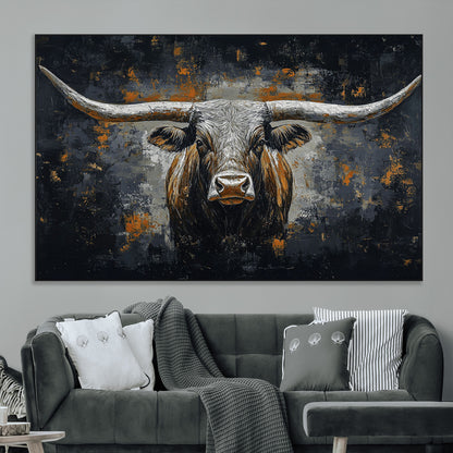 93195031-MGV-CV-36X24-Dark Longhorn Bull Wall Art – Western Steer Canvas Print, Moody Rustic Animal Painting for Man Cave, Ranch House, Office or Modern
