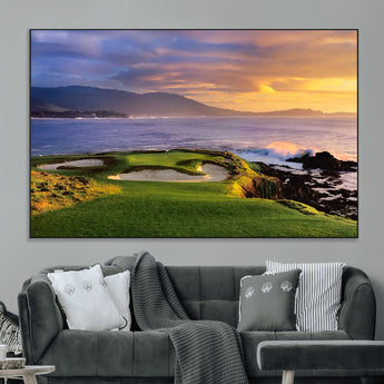 39644075-MGV-CV-36X24-Golf Course Wall Art – Coastal Sunset Canvas Print, Scenic Oceanfront Fairway Landscape Decor for Office, Man Cave, or Living Room