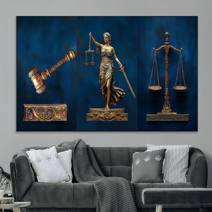 91629053-MGV-CV-36X24-Lady Justice Wall Art – Golden Gavel and Scales Canvas Print, Elegant Legal Office Decor for Lawyers, Judges, Courtroom or Study