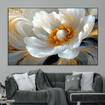 39604126-MGV-CV-36X24-Abstract Flower Wall Art – Elegant White and Gold Bloom Canvas Print, Modern Floral Artwork for Bedroom, Living Room, or Office