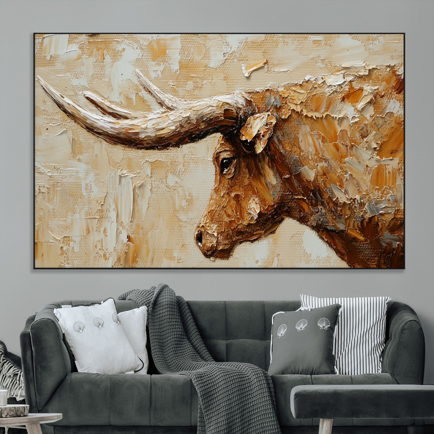 69611428-MGV-CV-36X24-Longhorn Bull Wall Art – Rustic Western Canvas Print, Textured Farmhouse Cattle Painting for Living Room, Office, or Ranch House
