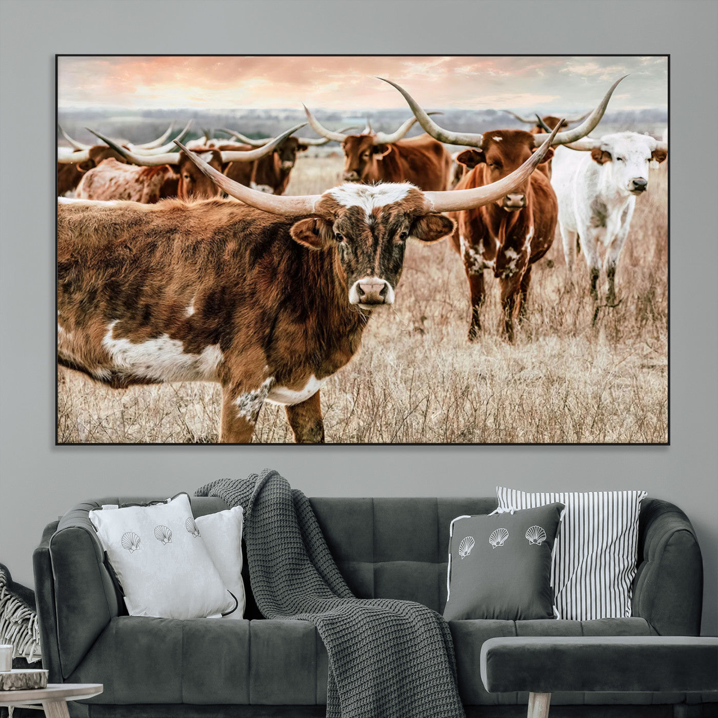47758300-MGV-CV-36X24-Texas Longhorn Cattle Wall Art – Rustic Western Herd Canvas Print, Cowboy Ranch Farmhouse Decor for Living Room, Office, or