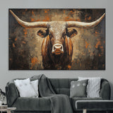 19204445-MGV-CV-36X24-Texas Longhorn Bull Wall Art – Rustic Western Canvas Print, Bold Cowboy Cattle Painting for Ranch House, Farmhouse, Office, or