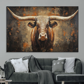 19204445-MGV-CV-36X24-Texas Longhorn Bull Wall Art – Rustic Western Canvas Print, Bold Cowboy Cattle Painting for Ranch House, Farmhouse, Office, or